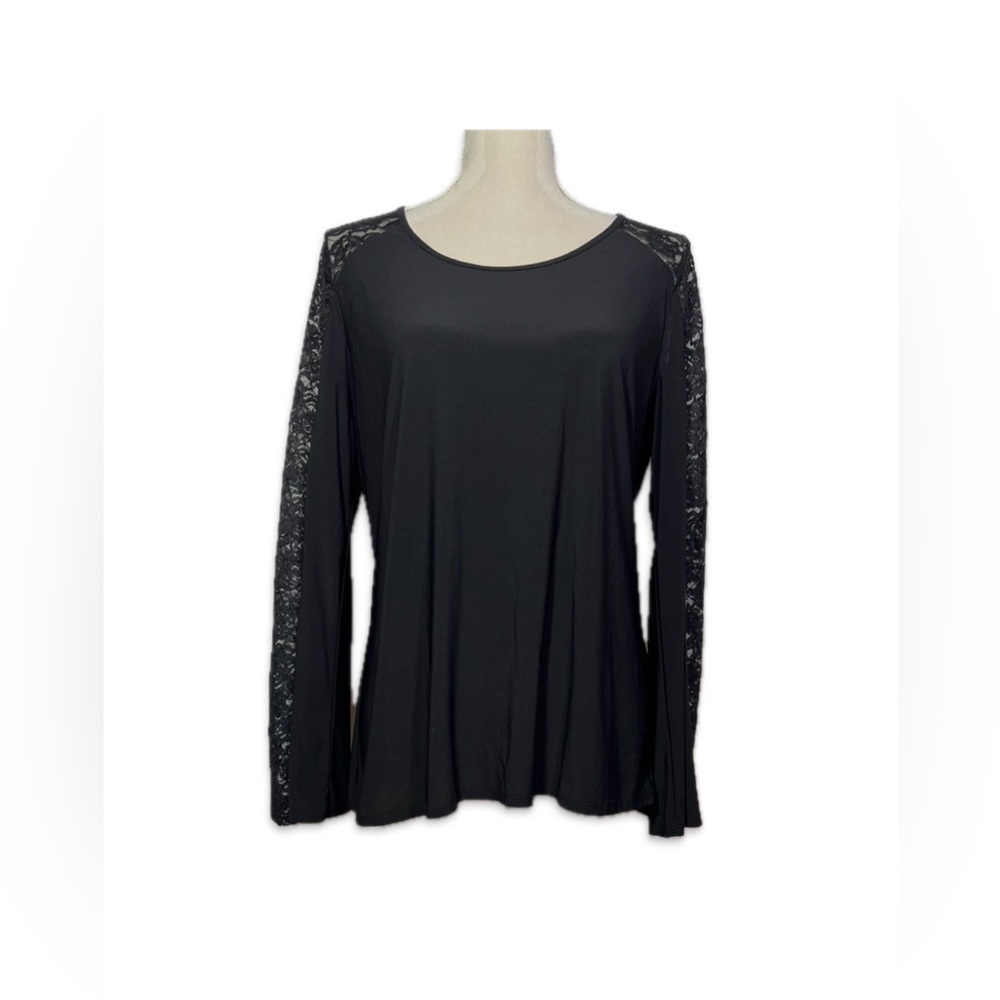 DressBarn Black Blouse L Long Sleeve w/Lace Panel Elegant Classic Top